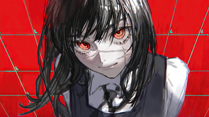 Chainsaw Man Misaka Asa Scars Black Hair School Uniform Red Eyes Smile Looking At Viewer Red Backgro 3840x2160 Wallpaper