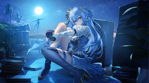 Hoshimachi Suisei Hololive Anime Girls Blue Hair Blue Eyes Moon Night Stars Starry Night Heels 2522x1488 Wallpaper