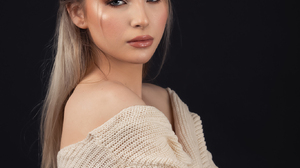 Mihai Romeo Bogdan Women Blonde Makeup Blush Looking At Viewer Sweater Simple Background 1365x2048 Wallpaper