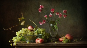 Grapes Peach Fruit Vase Flower 2400x1618 Wallpaper
