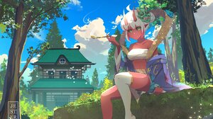 Anime Girls Oni Red Skin Smoking Pipe Horns Mask Kimono Clouds Pointy Ears Smiling Looking At Viewer 2048x1365 Wallpaper