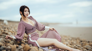 Asian Model Women Long Hair Dark Hair Sitting Stones Depth Of Field Beach Ponytail Barefoot 3840x2560 Wallpaper