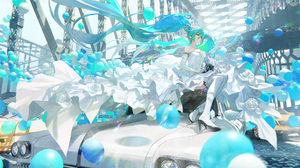 Anime Anime Girls Kirino Ttk Hatsune Miku Vocaloid Twintails Blue Eyes Blue Hair Dress Car Balloon H 2736x1500 Wallpaper