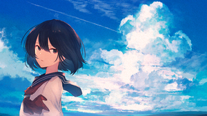 Anime Anime Girls Short Hair Black Hair Women Students Schoolgirl Uniform Landscape Clouds Digital D 4000x2320 Wallpaper