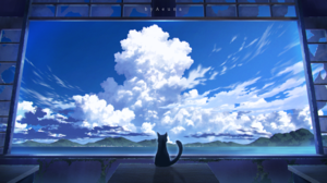 Digital Art Artwork Illustration Window Cats Animals Landscape Clouds Sea Water Mountains 4096x1954 Wallpaper