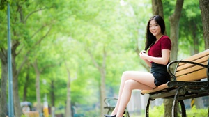Asian Model Women Long Hair Brunette Sitting Black High Heels Black Skirts Shirt Bench Trees Grass 4500x3002 Wallpaper