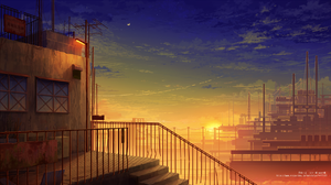 Building City Moon Scenic Sky Stairs Sunset 1728x972 Wallpaper