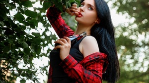 Sergey Bogatkov Women Dark Hair Plaid Finger On Lips Plants 2211x1475 Wallpaper