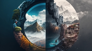 Ai Art Illustration Circle Composite Mountains Nature Water Clouds 4579x2616 Wallpaper