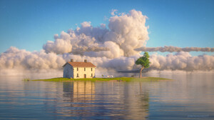 Island House Trees Clouds Water Building Spirited Away 1920x1080 Wallpaper