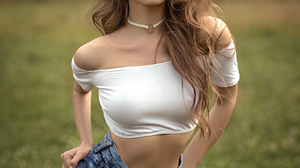 Stanislav Maximov Women Brunette Long Hair Bare Shoulders White Clothing Shorts Jeans Outdoors Grass 1600x2000 Wallpaper