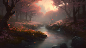 Cherry Trees Peace Forest River Stream Blooming Nature Mountains Landscape Sunlight Water Trees Peta 1920x960 Wallpaper