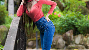 Asian Model Women Long Hair Dark Hair Jeans Red Shirt Leaning Railings Bushes Trees Depth Of Field W 2560x3840 Wallpaper