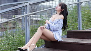 Asian Model Women Long Hair Dark Hair White Heels Sitting Stairs Railings Bushes Depth Of Field Nylo 1920x1280 Wallpaper