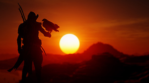 Assassins Creed Sun Rocks Birds CGi Sunset Sunset Glow Animals Silhouette Video Games 6200x3570 Wallpaper