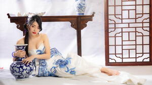 Asian Model Women Long Hair Dark Hair Barefoot Traditional Clothing Vase Table Lying Down Bare Shoul 1920x1313 Wallpaper