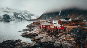 Norway Hamnoy Photography Nature Mountains Snow Village Rocks 6000x4000 Wallpaper