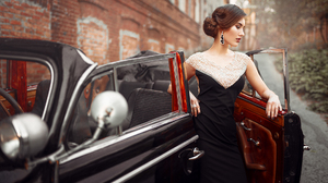 Women Model Brunette Long Hair Classic Car Cabrio Classy Black Dress Women Outdoors Car Building Hai 1920x1282 Wallpaper