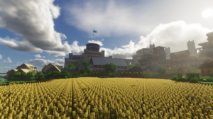 Building Minecraft Video Games CGi Clouds Village Castle Flag Field Sky 1920x1080 Wallpaper