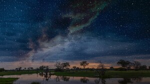 Nature Landscape Sunset Pond Trees Grass Night Stars Clouds Botswana South Africa 1920x1080 Wallpaper