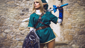 Women Cosplay Rule 63 The Legend Of Zelda Link Sword Shield Pointy Ears Looking Away Medallion Model 6405x4270 Wallpaper