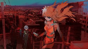 Neon Genesis Evangelion Ikari Shinji Asuka Langley Soryu Ayanami Rei Stairs Cityscape Eyepatches Plu 4096x1864 Wallpaper