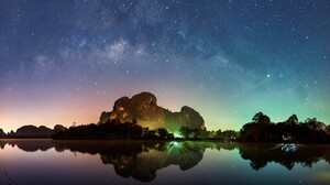 Starred Sky Landscape Nature Lake Sky Clouds Reflection Night 1920x1080 Wallpaper