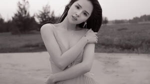 Qin Xiaoqiang Women Asian Long Hair Head Tilt Monochrome Dress Outdoors Horizon 1366x2048 Wallpaper