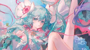 Maccha Vocaloid Hatsune Miku Vertical Sky Looking At Viewer Falling Floral Rose Flowers Dress Flower 1680x4094 wallpaper
