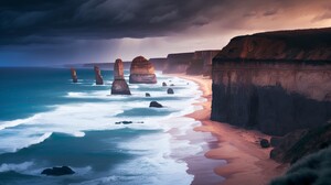 Ai Art Beach Waves Cliffside Water Sand Rocks Clouds 4579x2616 Wallpaper
