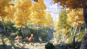 Artwork Digital Art Nature Zelda Trees Stairs Leaves Flowers Castle Cape Short Hair Blonde 1920x839 Wallpaper