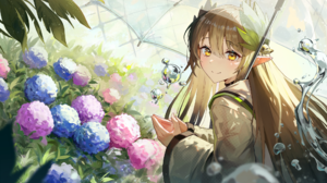 Anime Pixiv Anime Girls Smiling Pointy Ears Umbrella Looking At Viewer Flowers Brunette Brown Eyes W 2040x1320 Wallpaper