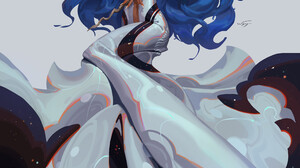 Artwork Women Fantasy Art Fantasy Girl Dark Skin Nose Ring Red Lipstick Blue Hair Makeup Long Hair 3600x5172 Wallpaper