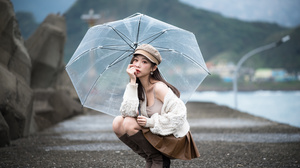Asian Model Women Long Hair Dark Hair Hat Umbrella Skirt Depth Of Field Mountains Boots Wool Jacket  3840x2560 Wallpaper