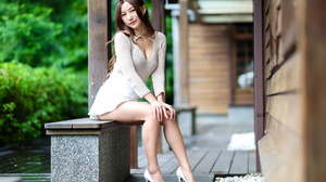 Asian Model Women Long Hair Dark Hair Sitting Sweater Skirt Legs 1920x1280 Wallpaper