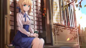 Fate Series Fate Stay Night Fall Sunset Blue Skirt Long Hair Blond Hair Anime Girls Tea Time Smiling 1600x1304 Wallpaper