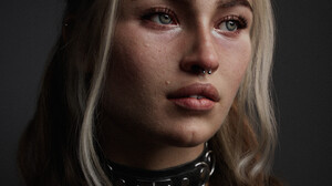 Women Digital Art Artwork Face Portrait Blonde Nose Ring Looking Away Dark Background Collar Long Ha 1620x2025 Wallpaper