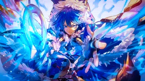 Blue Ice Blue Hair Cape Digital Art Blue Eyes Smiling Looking At Viewer Arms Reaching Anime Boys 6400x3600 Wallpaper