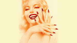 Artwork Women Face Portrait Blonde Beige Background Red Nails Painted Nails Lipstick 1920x1375 Wallpaper