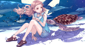 Anime Anime Girls Brown Eyes Pink Hair Blue Nails Penguins Dolphin Turtle Trash In Water Sea 5120x2880 Wallpaper