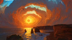 Sun Coast Digital Art Birds Waves 3840x2160 Wallpaper