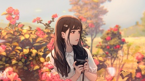 Hua Ming Wink Illustration Artwork Anime Girls Flowers Long Hair Sunlight Black Hair Black Eyes 5337x2800 Wallpaper