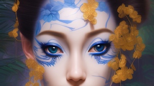 Midjourney Ai Art Portrait Asian Face Paint Leaves Brunette Blue Eyes Fall 1440x2160 Wallpaper