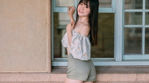 Asian Model Women Long Hair Dark Hair Window Shorts Short Tops Bare Shoulders Depth Of Field Women O 1920x1280 Wallpaper