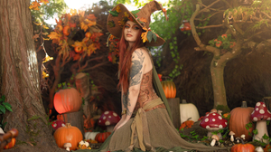 Witch Hat Halloween Pumpkin Makeup Nose Ring Redhead Tattoo 3000x1880 Wallpaper