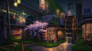 Japan Digital Art Cherry Blossom Water Mills Overgrown Night 2339x1654 Wallpaper