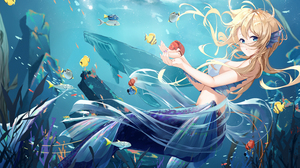 Anime Anime Girls Water Underwater Fish Coral Animals Looking At Viewer Blonde Blue Eyes Long Hair W 4406x2480 Wallpaper