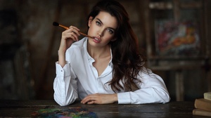 Women Model Women Indoors Indoors Brunette Long Hair Looking At Viewer Paint Brushes Blouse White Cl 1920x1280 Wallpaper