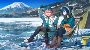 Anime Anime Girls Yuru Camp Rin Shima Nadeshiko Kagamihara Ice Mountains Fishing Camp Closed Eyes Ha 4801x1878 Wallpaper