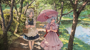 Anime Anime Girls Touhou Izayoi Sakuya Remilia Scarlet Trees Path Umbrella Water Dress Maid Maid Out 1920x1707 wallpaper